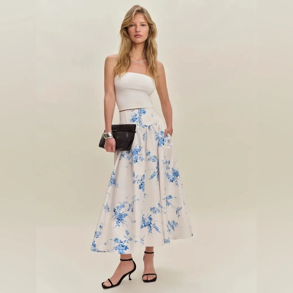 Reformation Polina Blue Floral Midi Skirt - Picture 1 of 3